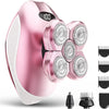 A pink electric body hair removal shaver with multiple rotating heads and a charging base.