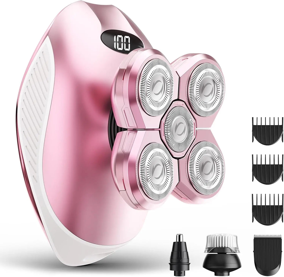 A pink electric body hair removal shaver with multiple rotating heads and a charging base.