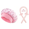 Pink satin sleep cap and hair curler set with a claw clip and rings