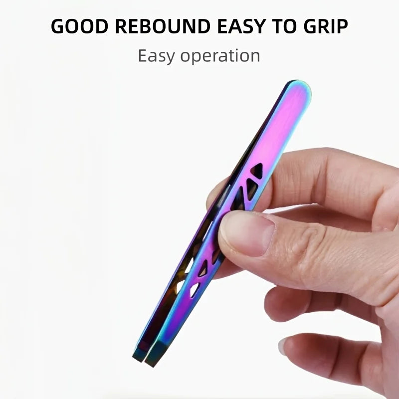 A hand holds a pink and blue precision stainless steel eyebrow trimming set, demonstrating its easy operation.