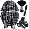 Black barber hair cutting cape and styling accessory set with various tools like scissors combs and brushes