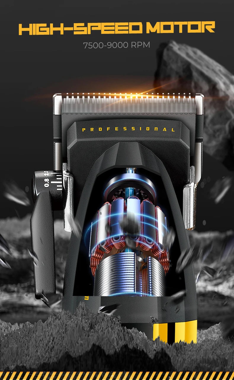 A professional high-speed motor electric hair clipper with a metallic body and visible internal components.
