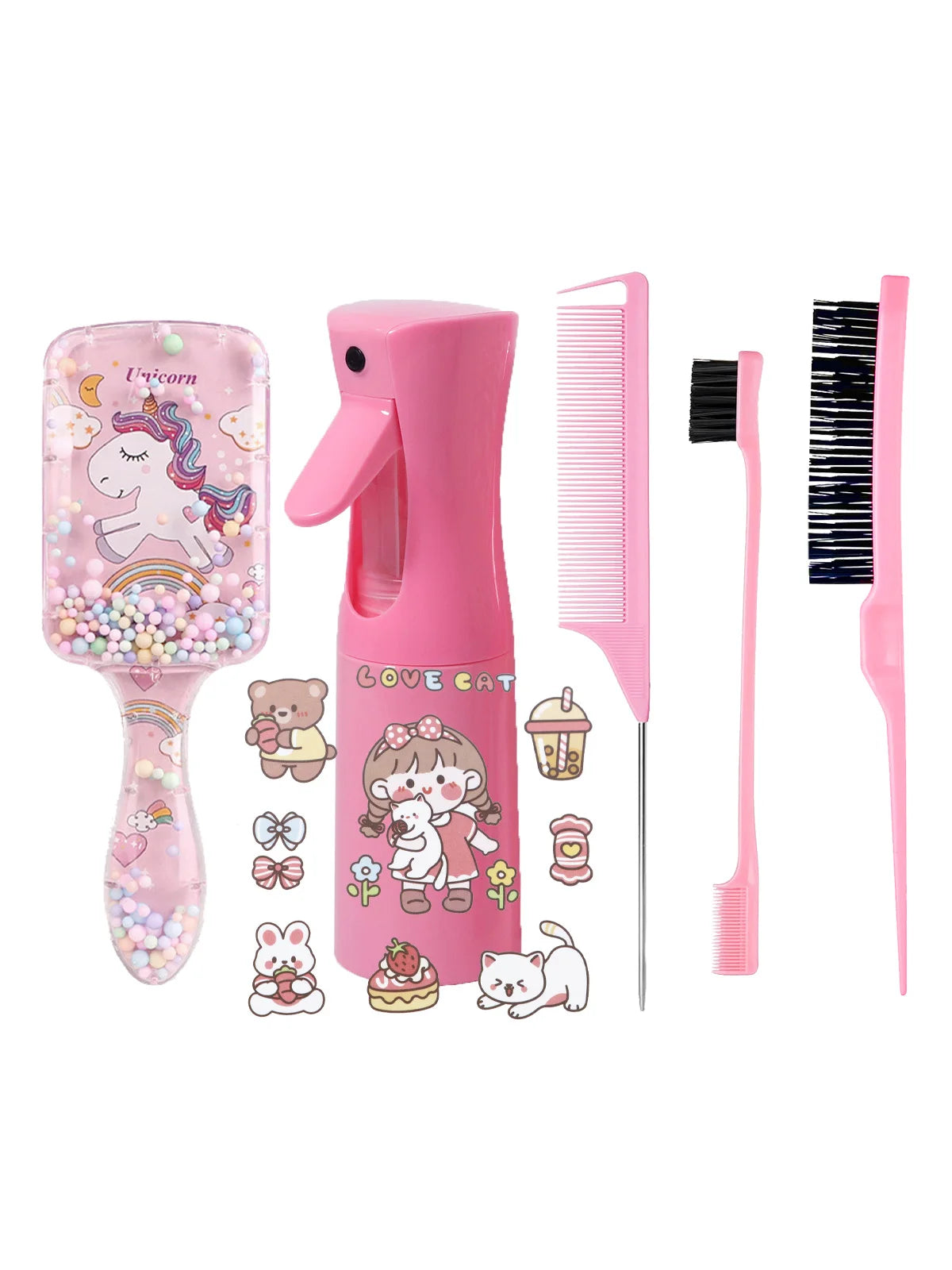 A pink DIY hair styling kit featuring a unicorn-themed bottle, comb, and brush for hair styling.