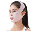 A woman wearing a pink lymphatic sculpting bandage on her face, with dark hair visible.