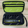 A black and neon green storage case containing replacement blades for beard shaver trimmers.