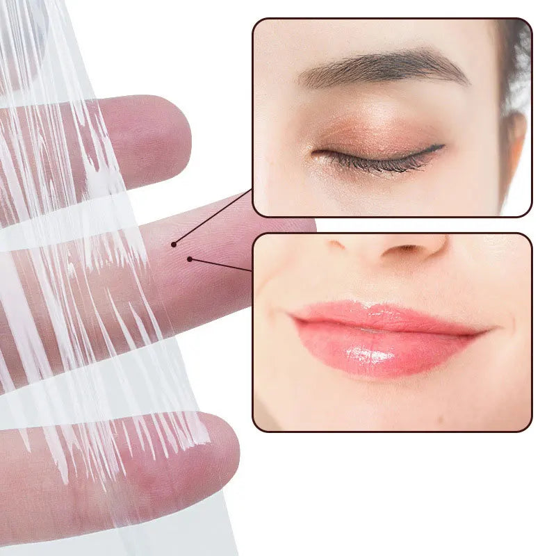 Close-up of a hand applying clear protective film to lashes and brows, showing results on the skin and lips.