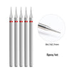 A set of five silver diamond nail drill bits with a pointed tip, measuring 4.7x0.7mm each.