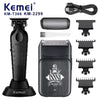A black Kemei electric hair trimmer set showing the main unit, a brush, and various guard attachments.