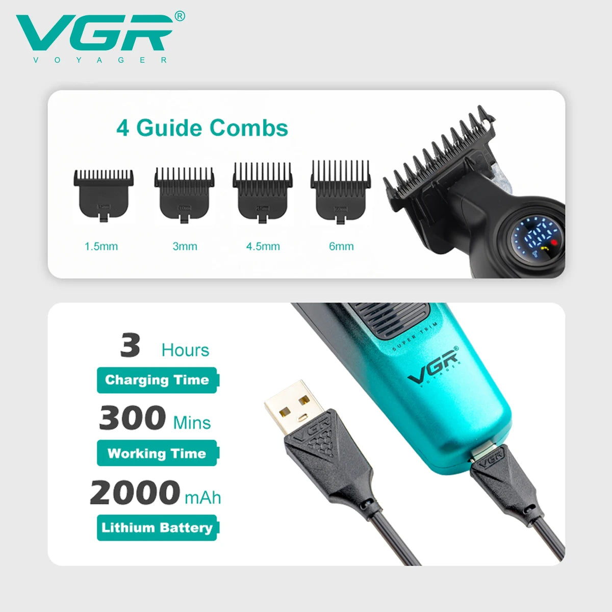 VGR kabelloser Haartrimmer mit vier Führungsbürsten und Lithiumbatterie zusammen mit dem Ladekabel