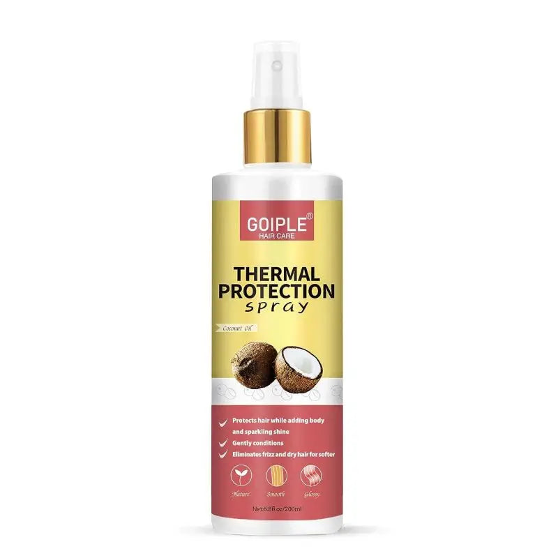 A bottle of Goiple Thermal Protection spray with a gold cap and white liquid inside.