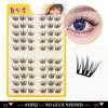 A set of black cluster eyelash extensions for application, showing various lash styles and a close-up of an eye.