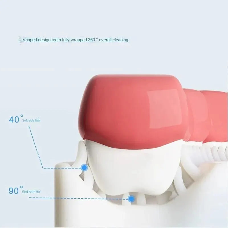 Close-up view of a pink U-shaped silicone toothbrush head demonstrating 40 and 90 degree cleaning angles on a white tooth mod