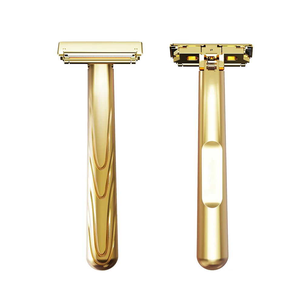 A pair of gold-toned double-edge safety razors with brass handles and silver blades.