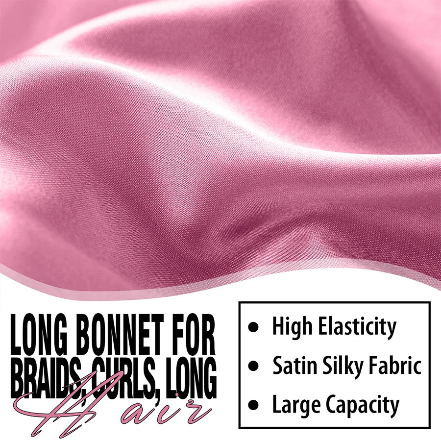 A close-up of a flowing pink satin silk hair bonnet for braids curls and long hair