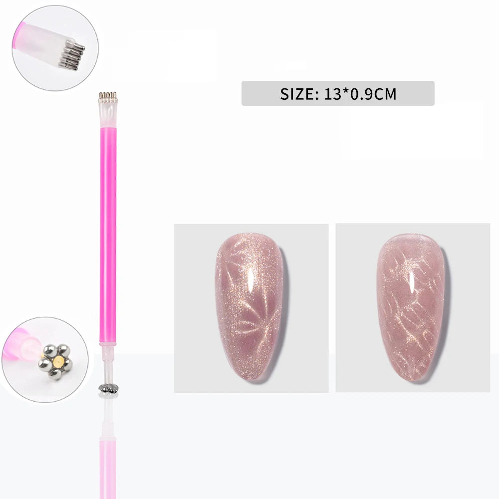Un set de trois aimants à ongles et une lime rose pour ongles acryliques.