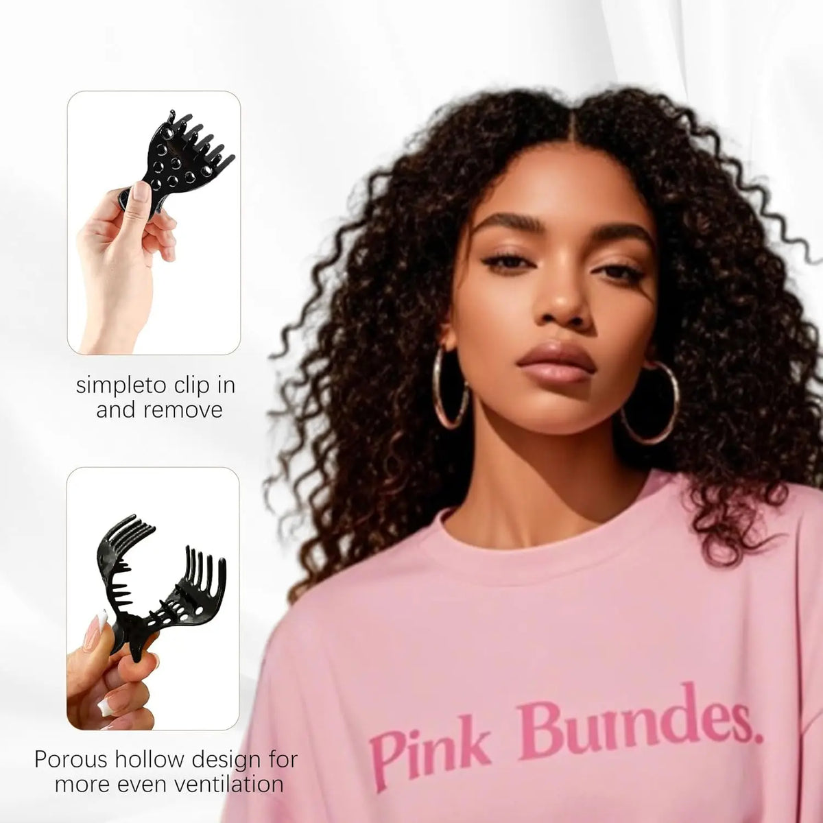 A woman shows how to use a porous hollow hair clip for volume and bouncy curls.