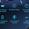 A close-up view of an electric trimmer displaying features like a refined steel head, powerful motor, battery capacity, and U