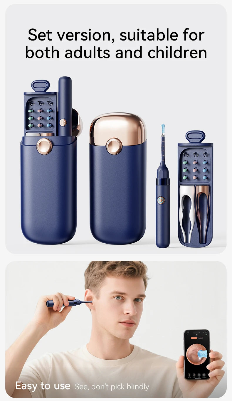 A set of ear cleaning tools and accessories for adults and children, including a camera-equipped device.