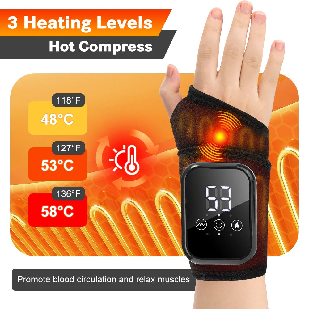 A hand wearing a black heated vibration wrist brace massager with temperature settings displayed on the device.