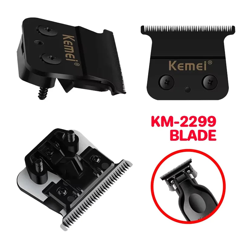 Black replacement blade for a Kemei hair trimmer, shown in various forms.