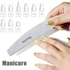 A hand holds a professional nail file set with various sizes and grits, demonstrating manicure tools.