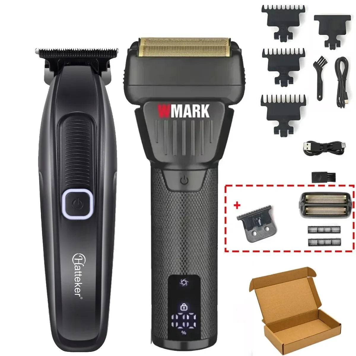 A black electric hair clipper trimmer with a gold-colored blade and various attachments shown next to its packaging box.