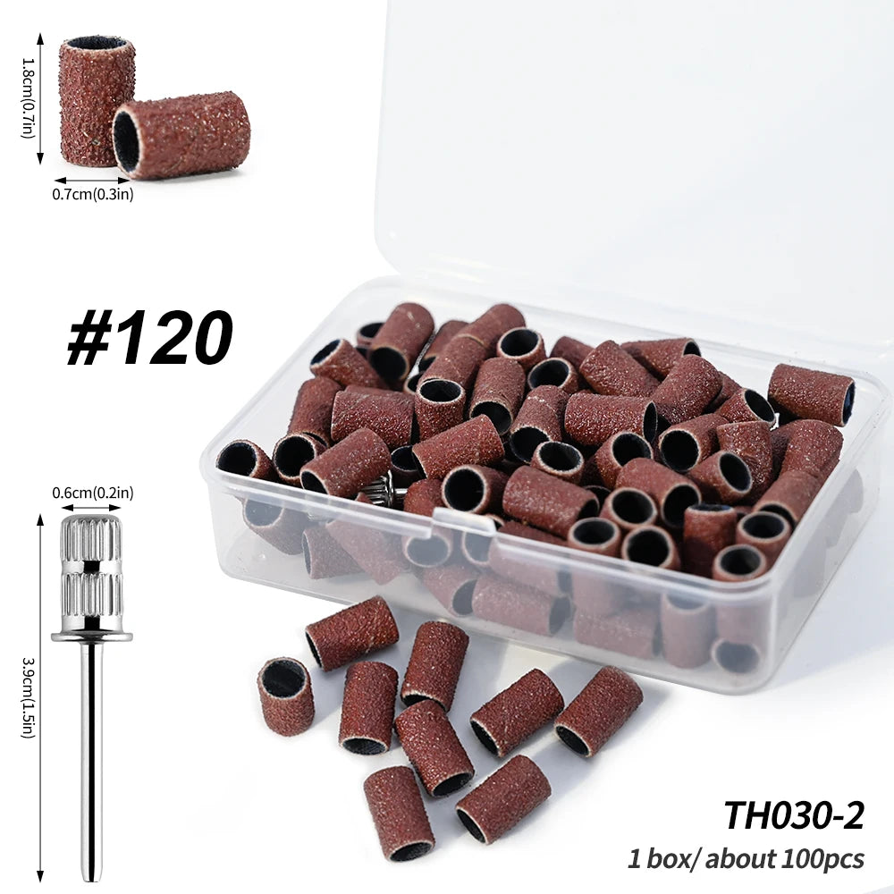 Boîte de bandes de ponçage à ongles jetables pour perceuses, montrant le produit et une seule bande.