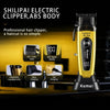 A yellow Kemei electric hair clipper with an ABS body and various attachments displayed on a black surface.