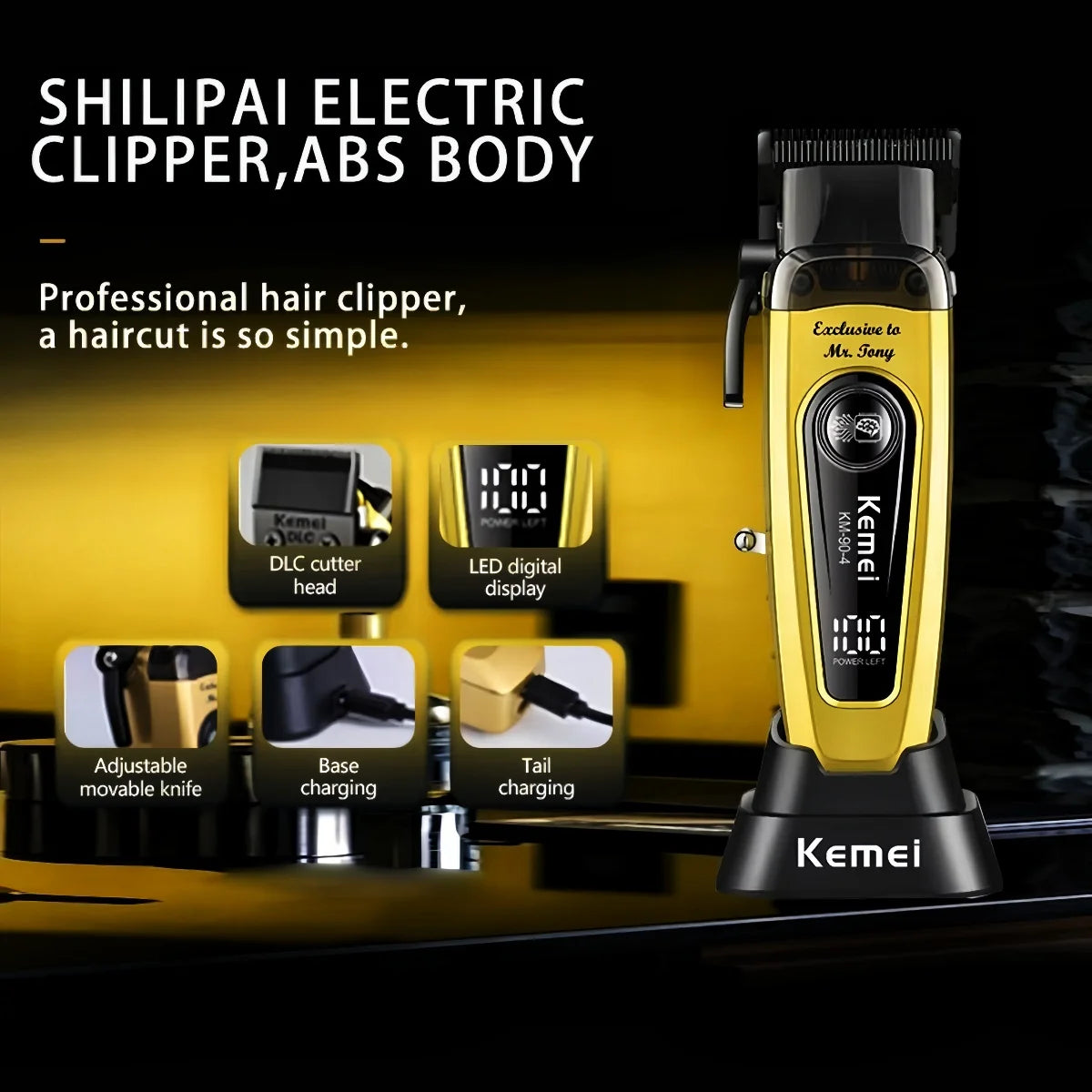 A yellow Kemei electric hair clipper with an ABS body and various attachments displayed on a black surface.