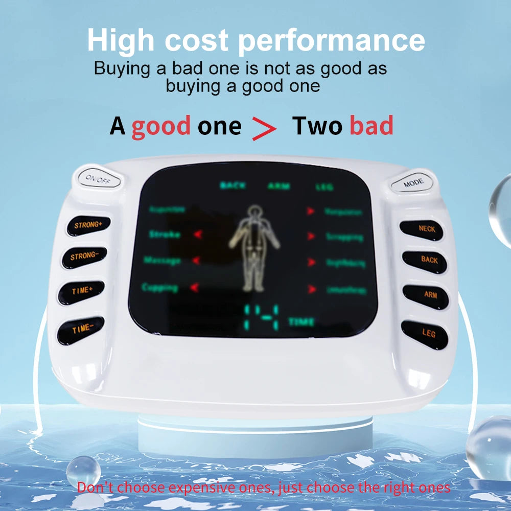 A white multi-mode TENS muscle stimulator device with various buttons and a power cord.