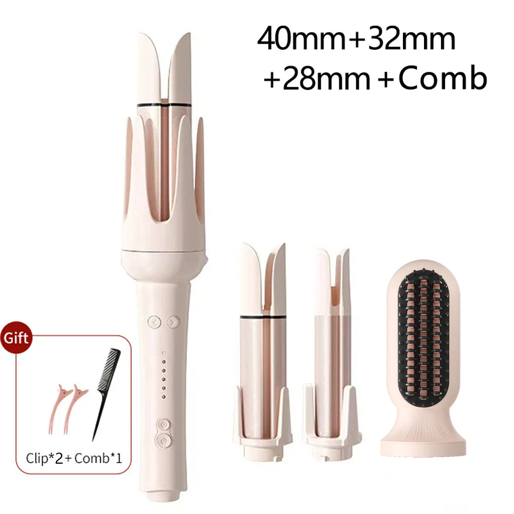 A set of professional automatic rotating ceramic hair curlers in various sizes and a comb.
