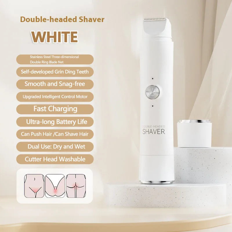 A white double-headed shaver is shown standing on a light surface with related features displayed.