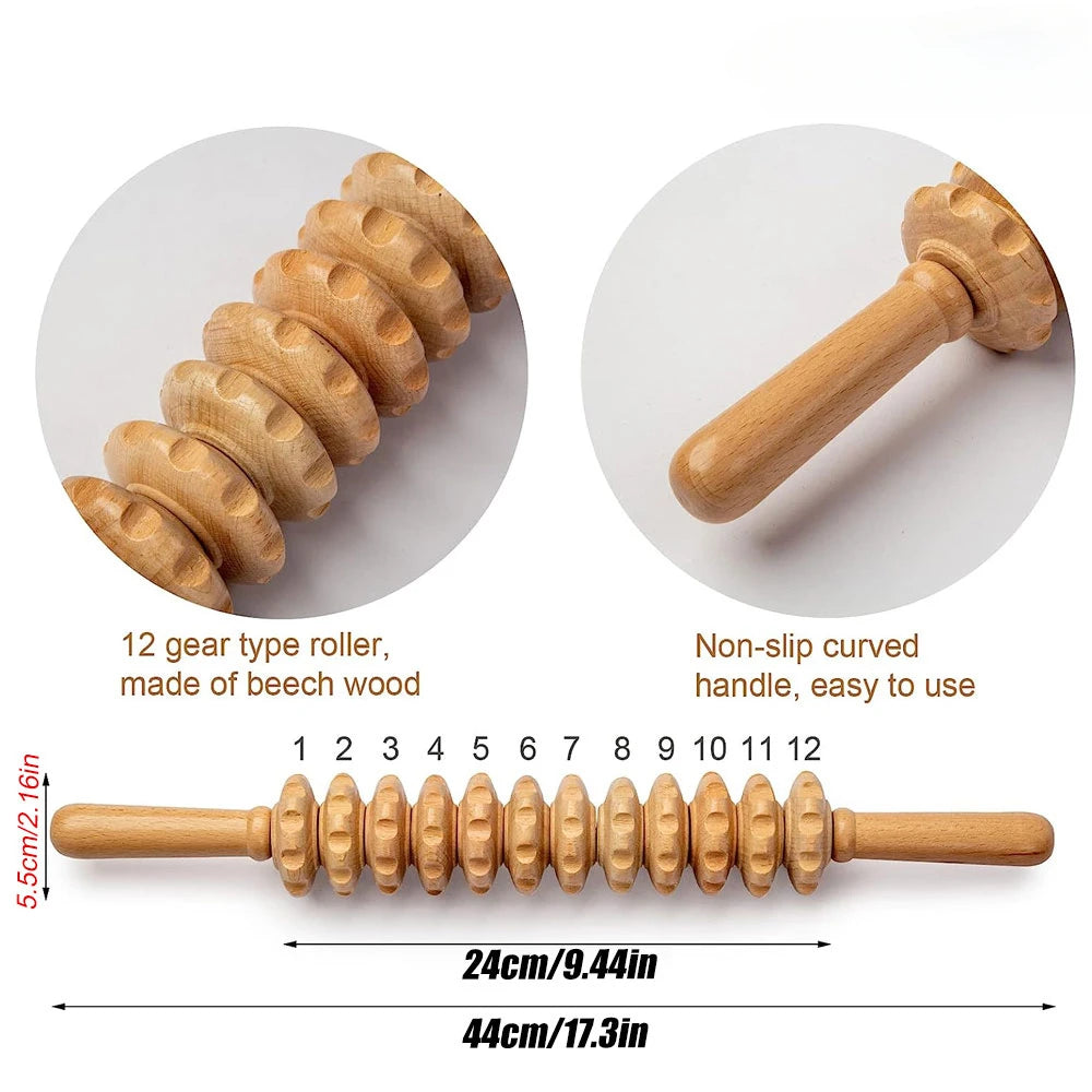 A wooden gua sha roller with a curved handle made of beech wood shown in various angles and dimensions.