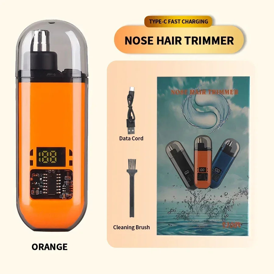 Orange Type-C fast charging nose hair trimmer with data cord and cleaning brush shown on a white background.