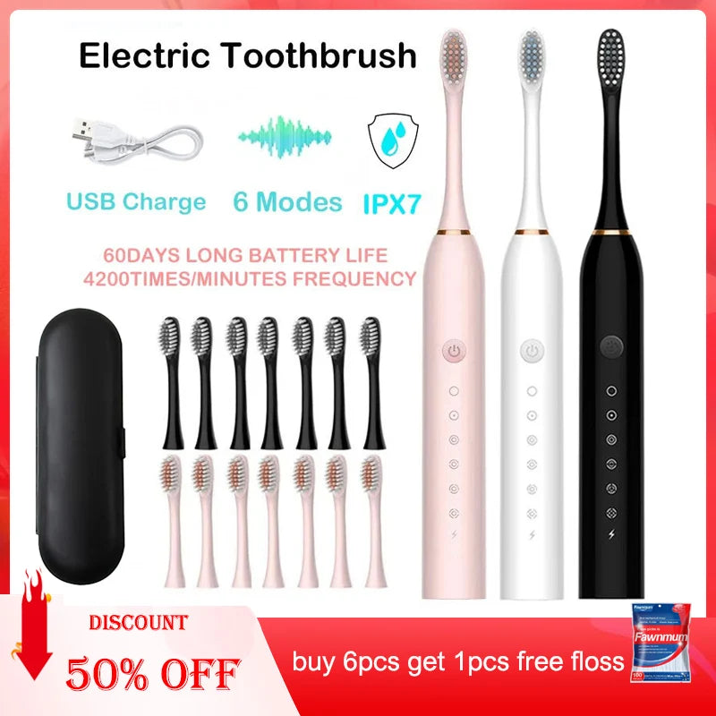 A set of pink and black electric toothbrushes with charging cable and accessories shown for sale.
