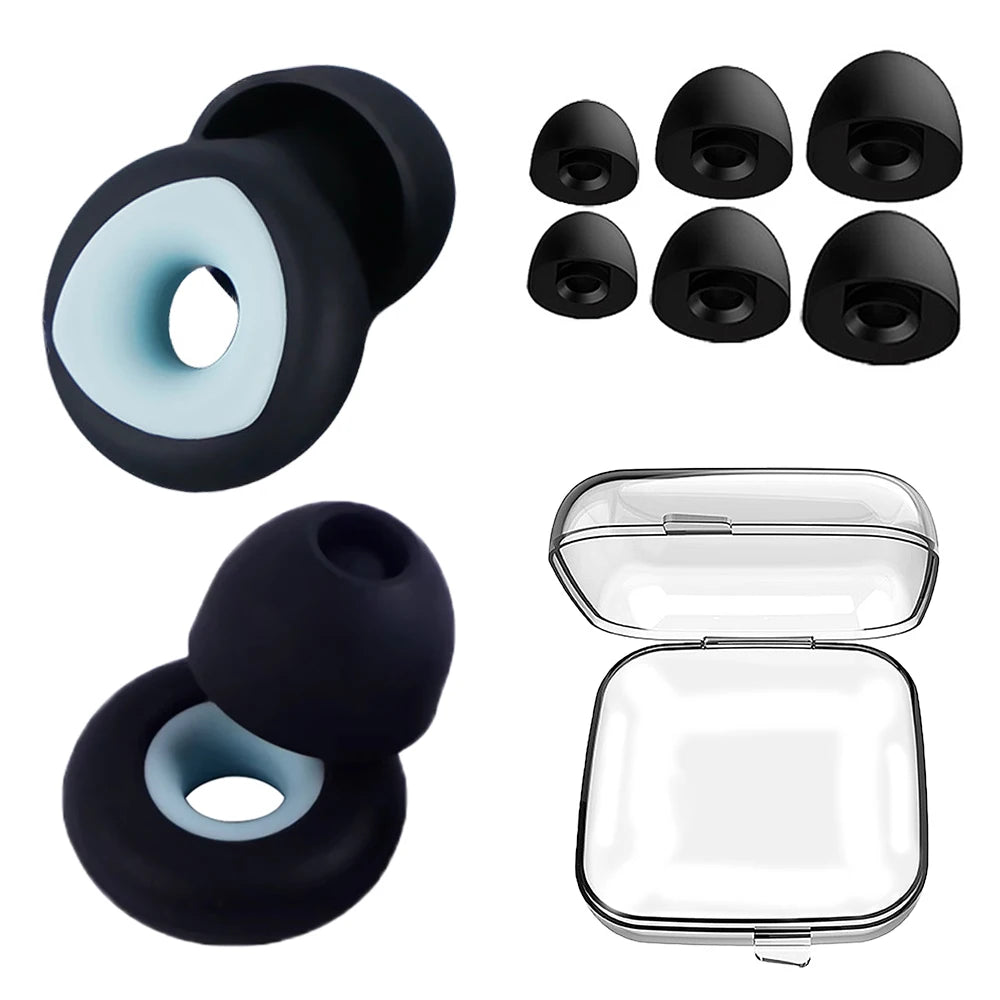A set of black silicone earplugs for noise reduction and comfort, shown in various forms including individual plugs and a cle