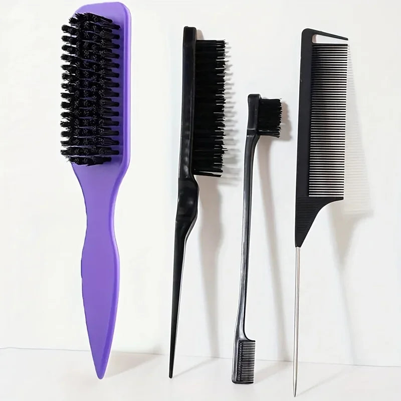A set of black and purple professional pointed tail combs for precise hair parting.