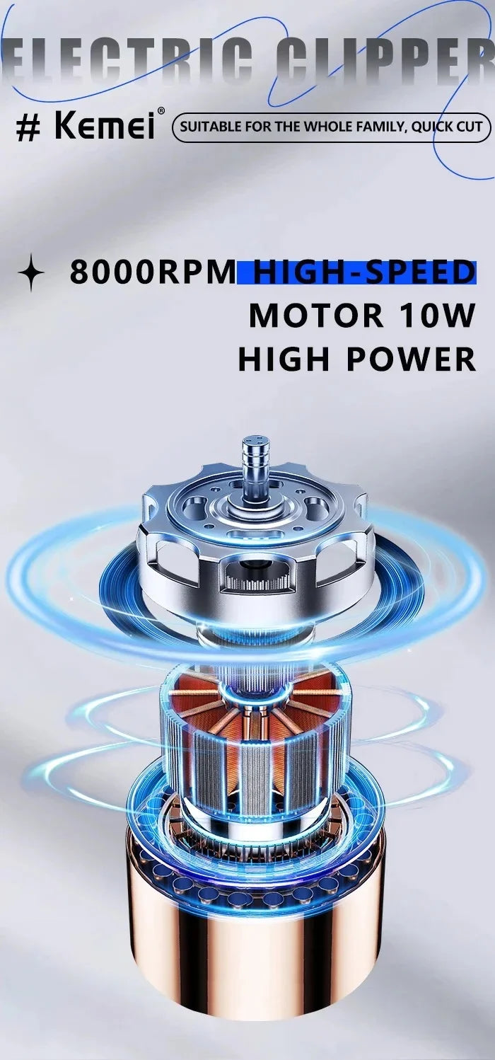 A close-up view of an electric clipper motor with blue energy rings surrounding the spinning blade.