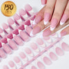 A hand displays a set of 150 matte pink French press on artificial fingernails.