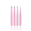 A set of three professional stainless steel tweezers with pointed tips, shown vertically.