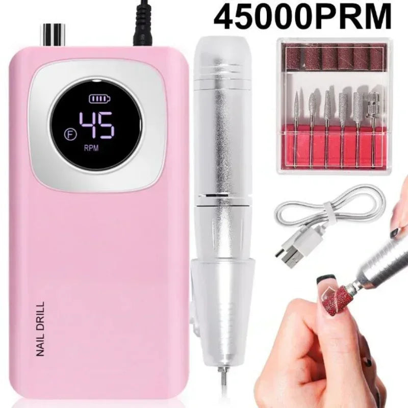 Une ponceuse électrique rechargeable rose professionnelle avec affichage numérique et jeu de forets séparé.