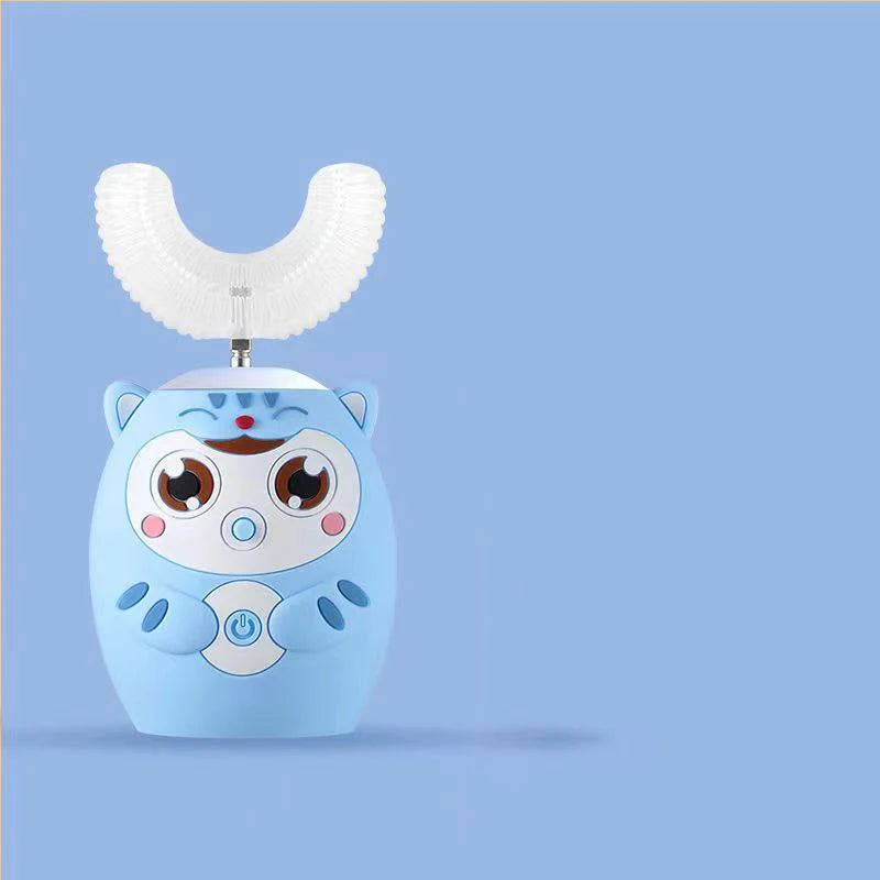 A light blue electronic toothbrush shaped like a panda face with a white silicone brush head.