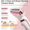 A close-up of a pink and white 4-in-1 electric shaving blade device showing the curved and straight blades.