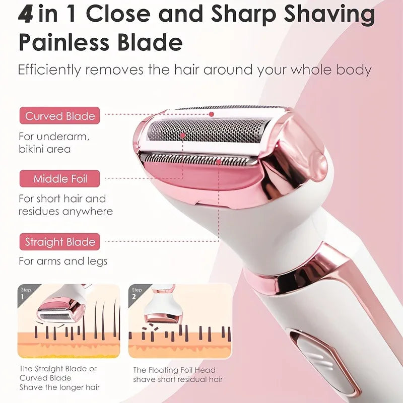 A close-up of a pink and white 4-in-1 electric shaving blade device showing the curved and straight blades.