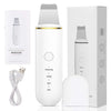A white ultrasonic skin scrubber face tool shown with its packaging and accessories.