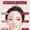 A close-up of a woman's face showing the difference between ordinary mist and fine mist hydration.