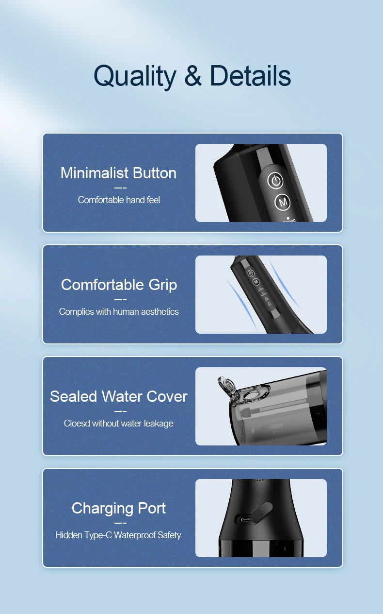 Details of a portable electric dental floss and oral irrigator showing minimalist button, comfortable grip, sealed water cove