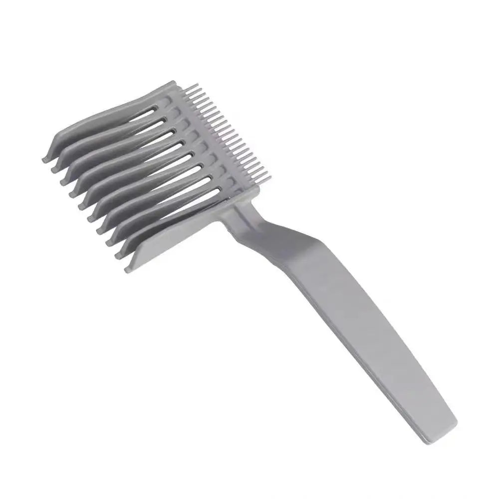 A silver professional V-shaped hair cutting comb with fine teeth.