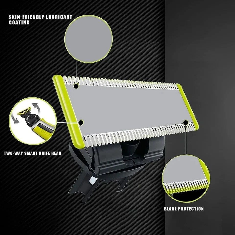 A replacement shaver blade assembly shown with features like a skin-friendly lubricant coating and blade protection.