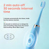 A close-up of a blue ultrasonic electric toothbrush with a white brush head, showing features for auto-off and timed brushing